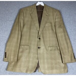 Lauren Ralph Blazer Mens 43‎ Long Yellow Brown Plaid 100% Silk Sport Coat Jacket